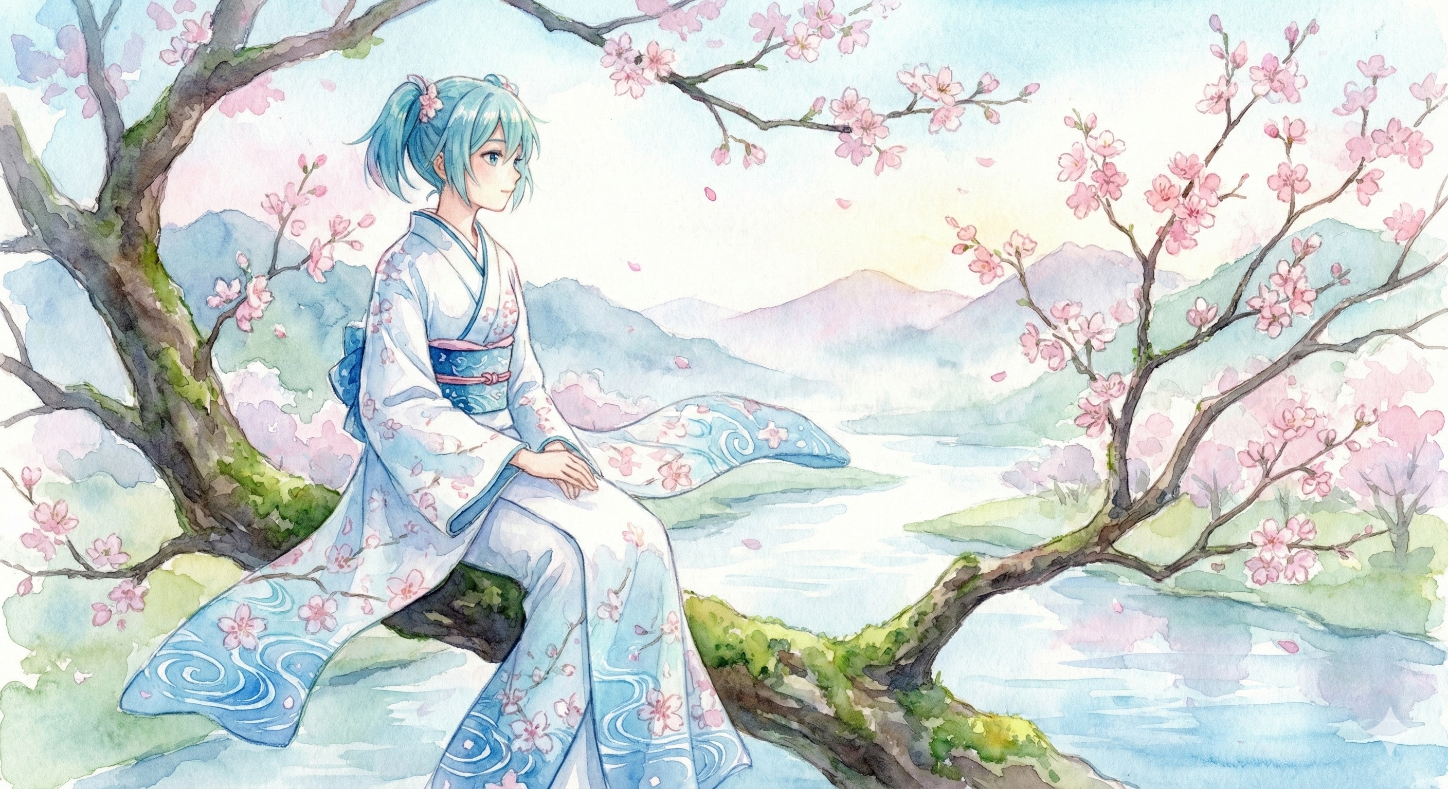 水彩画ミクさん　水彩で描く春の訪れ | の人気AIイラスト・グラビア