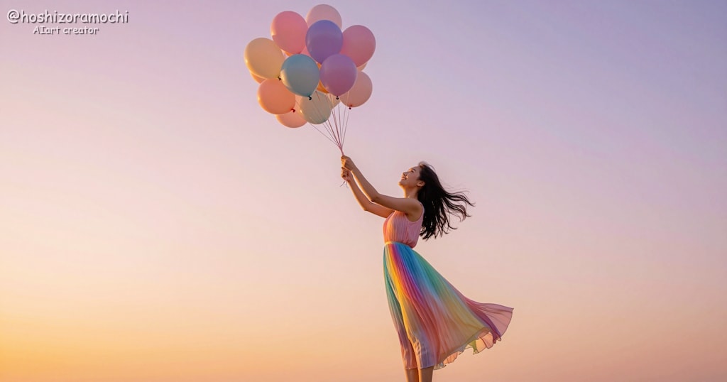 夕暮れ色のグラデーション🎈カラフルな風船と夢を見るグラデーションワンピ✨