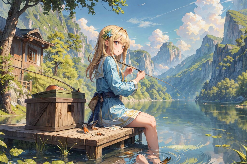 清流釣りをする女の子