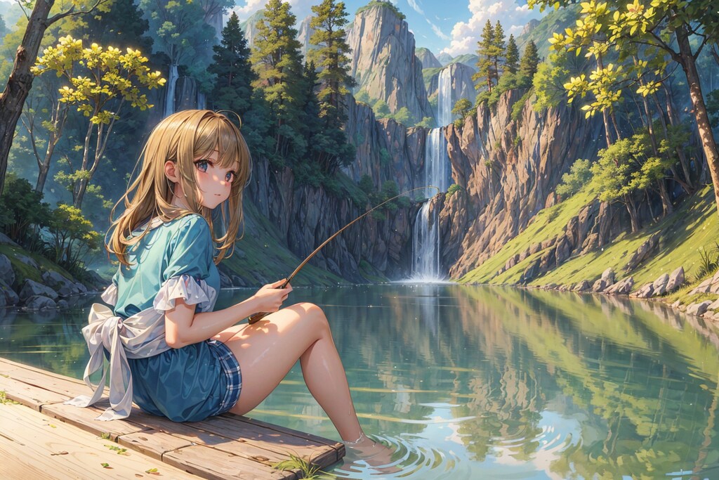 清流釣りをする女の子