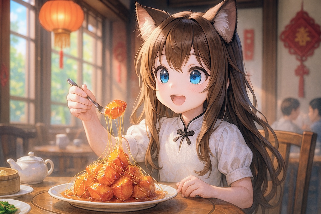 拔丝地瓜と雪蛤膏を楽しむ小さな女の子