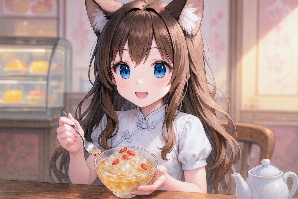 拔丝地瓜と雪蛤膏を楽しむ小さな女の子