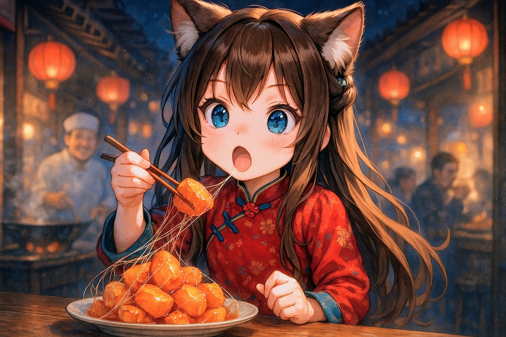 拔丝地瓜と雪蛤膏を楽しむ小さな女の子