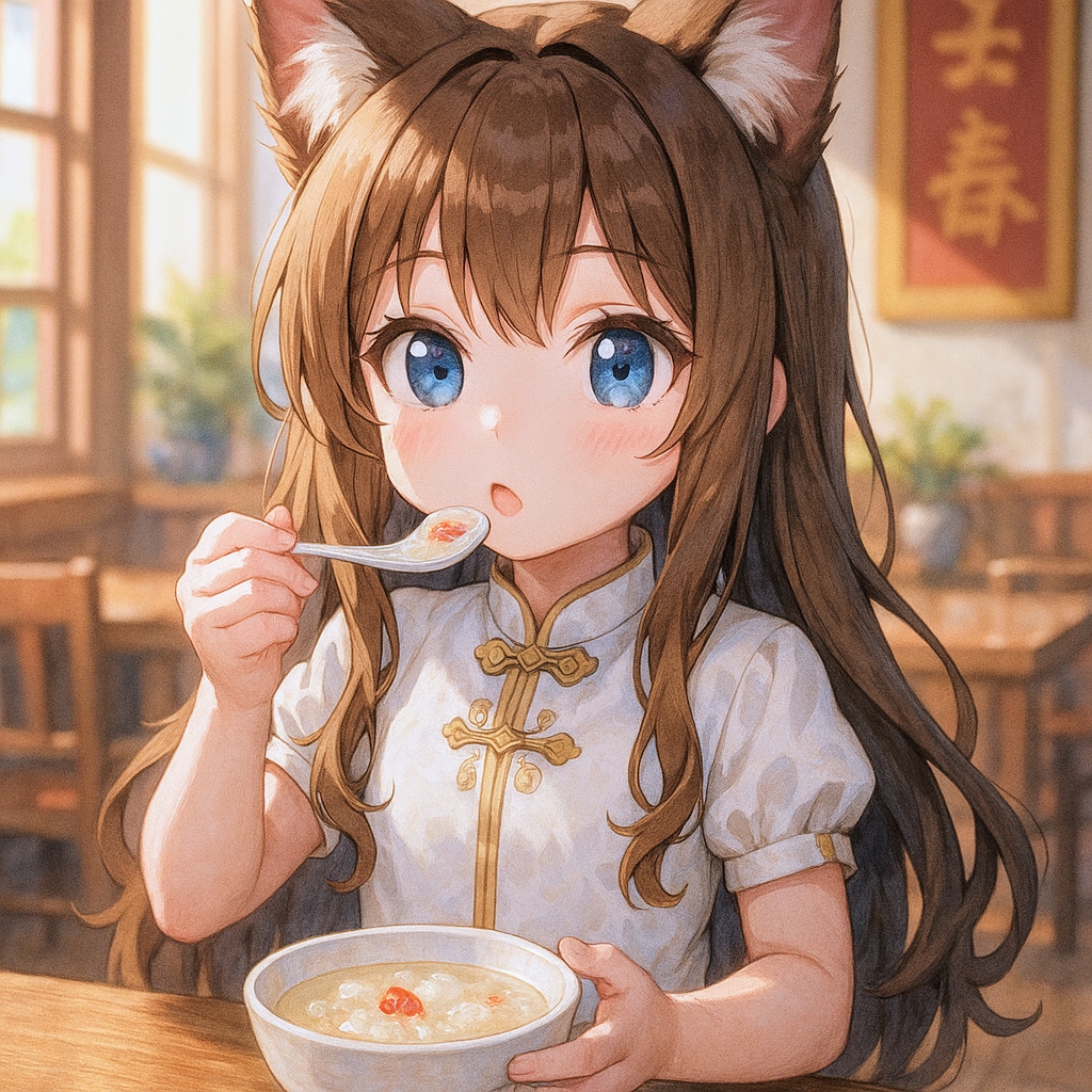 拔丝地瓜と雪蛤膏を楽しむ小さな女の子