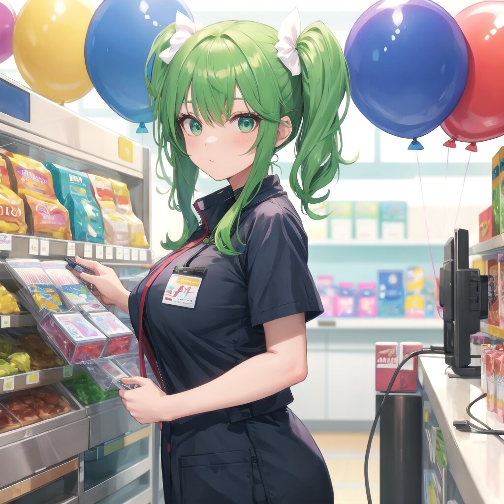 いっぱい色とりどりの風船を持つ緑髪ツインテールのガソリンスタンドの美女店員さん