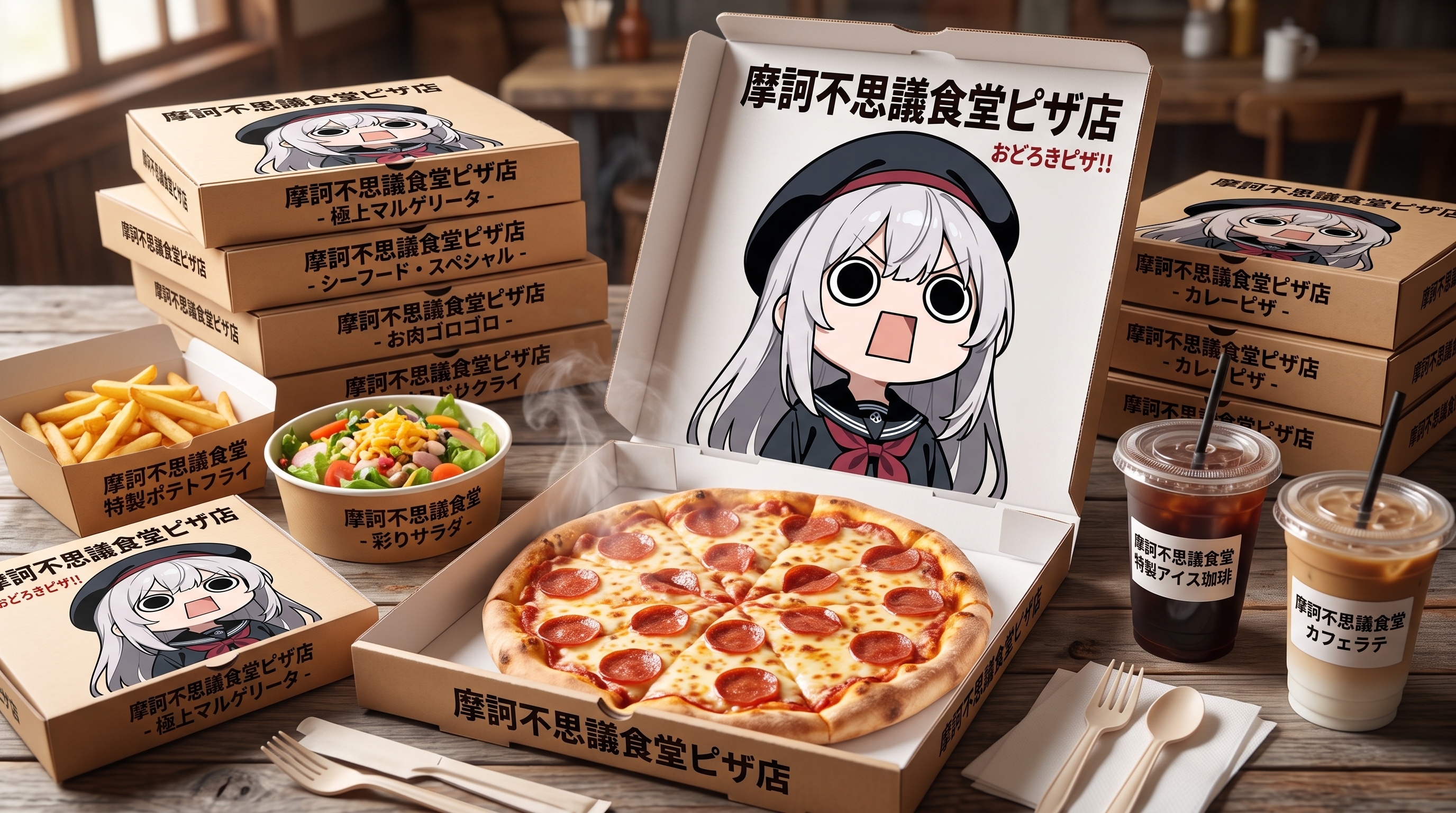摩訶不思議食堂の宅配ピザ食べ放題珈琲付き | の人気AIイラスト・グラビア