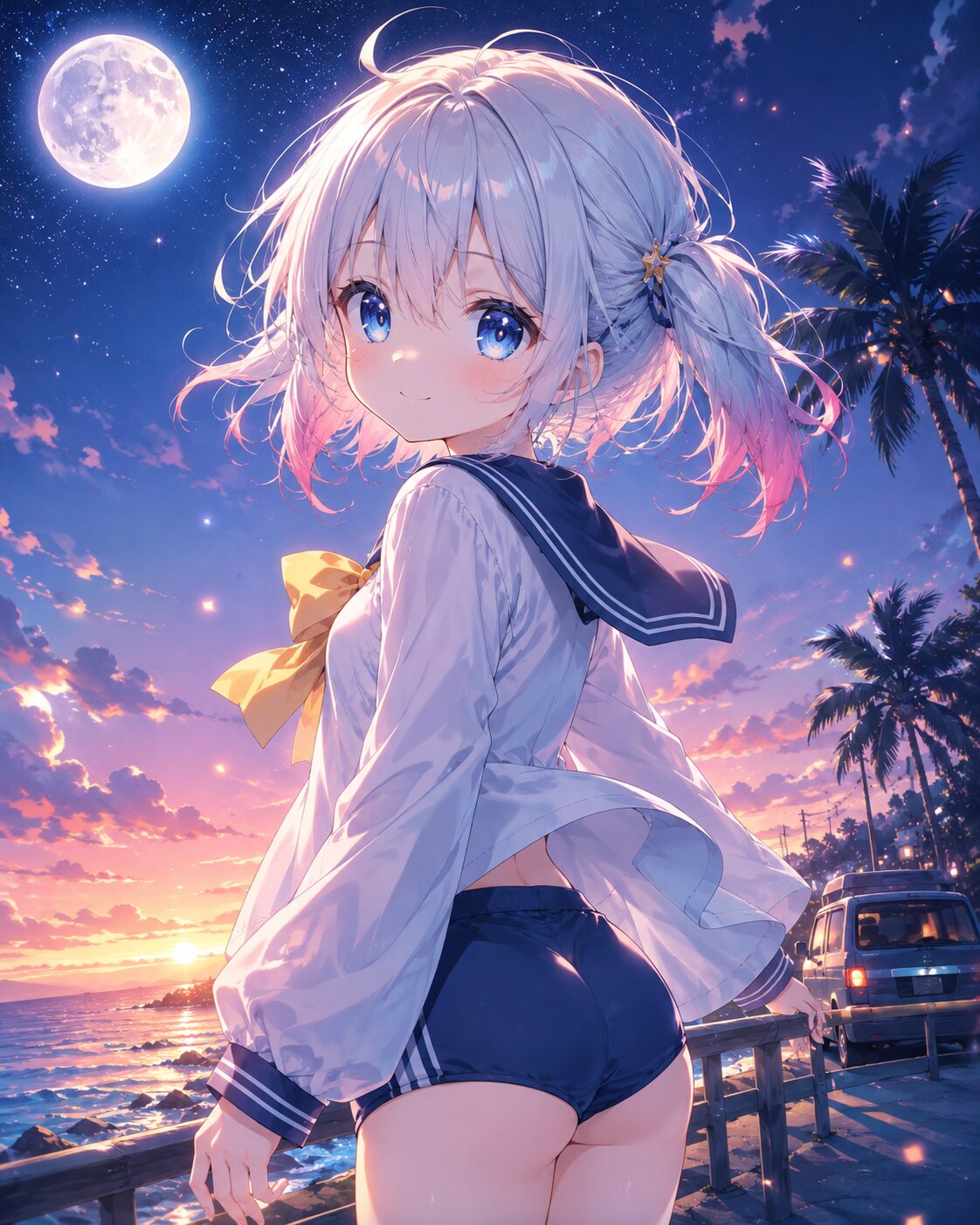 夕暮れの海辺と風に揺れる髪