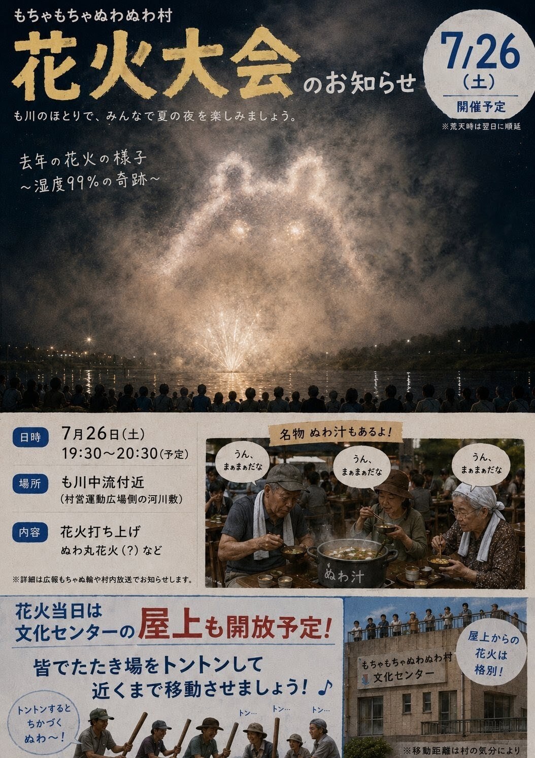 もちゃもちゃぬわぬわ村花火大会のお知らせ