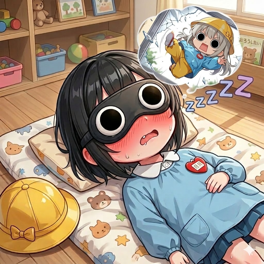 えらいこっちゃアイマスクをつけてお昼寝をしてしまいよったいもうとちゃん（5さい）