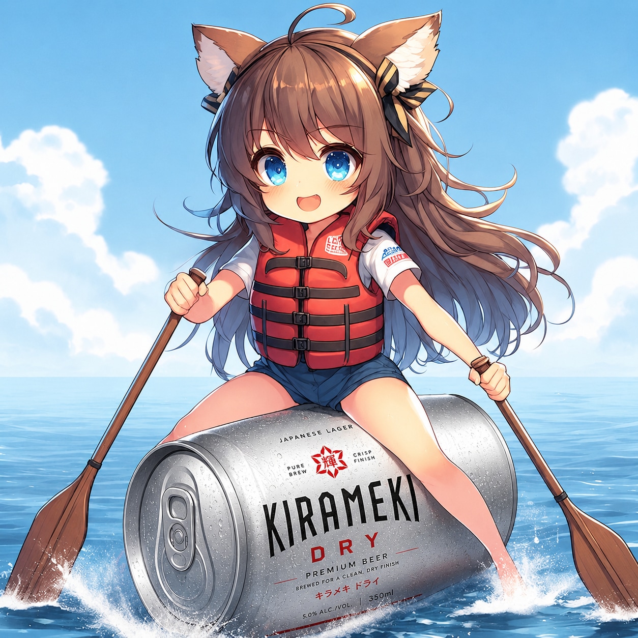 ビールカヌーで進む小さな女の子