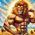 油絵アニメ風、サバンナのボディビルダーライオン 5枚目