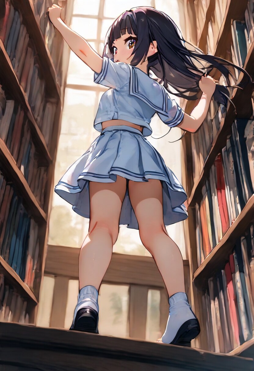 う～ん、本に手ぇ届かないぃ～。ん？ナニ見てるの？