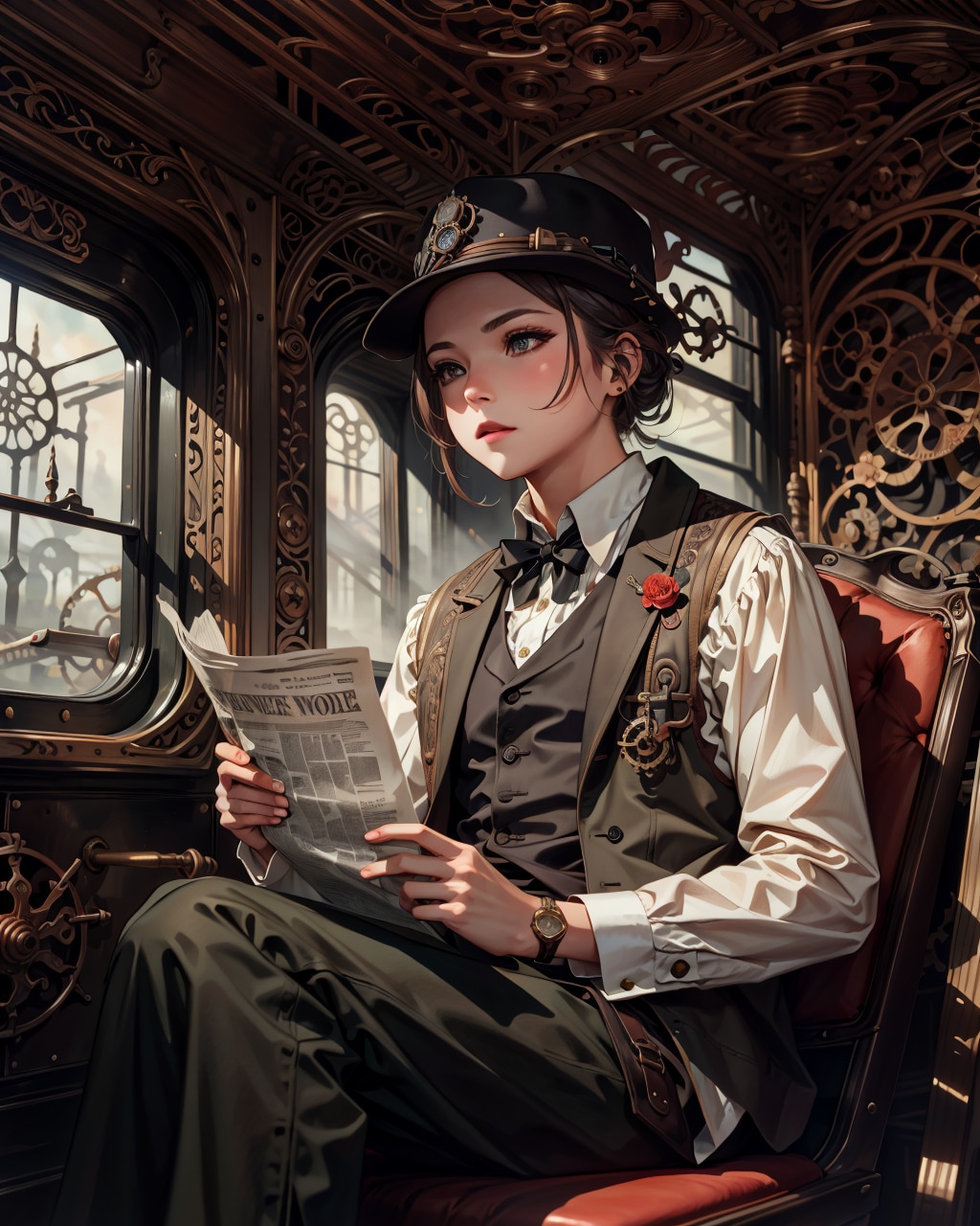 車內で新聞を読むスチームパンクのキャスケット 美少年
