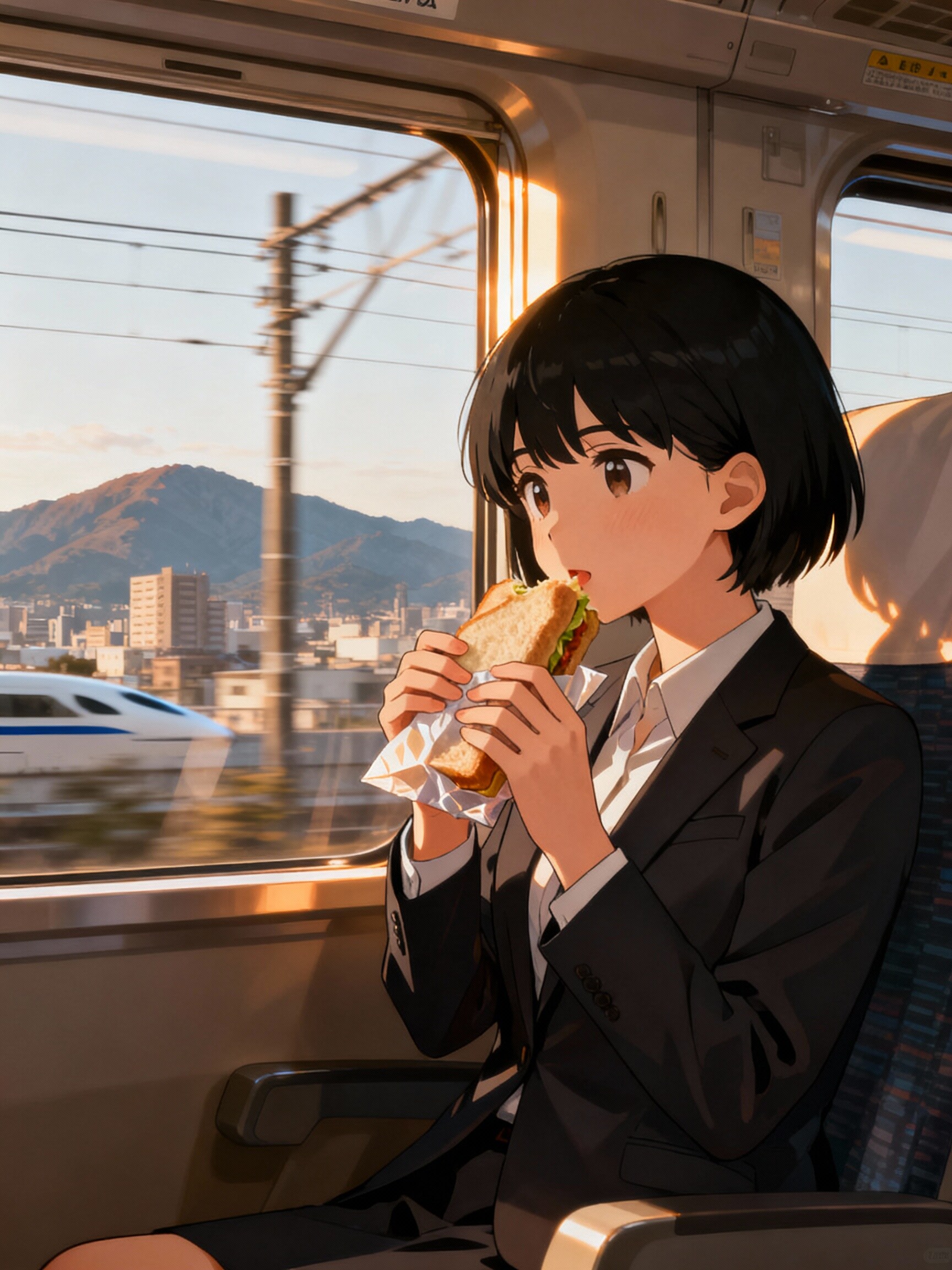 新幹線でサンドウィッチ食べる