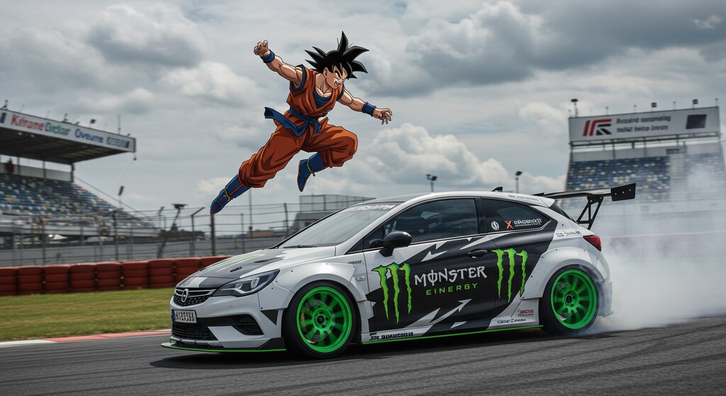 孫悟空とモンスターエナジーオペルアストラのドリ車