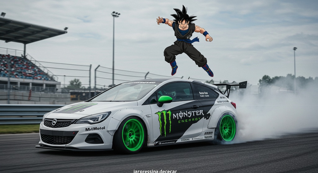 孫悟空とモンスターエナジーオペルアストラのドリ車