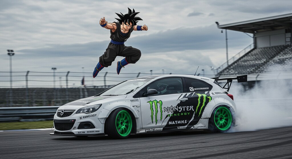 孫悟空とモンスターエナジーオペルアストラのドリ車