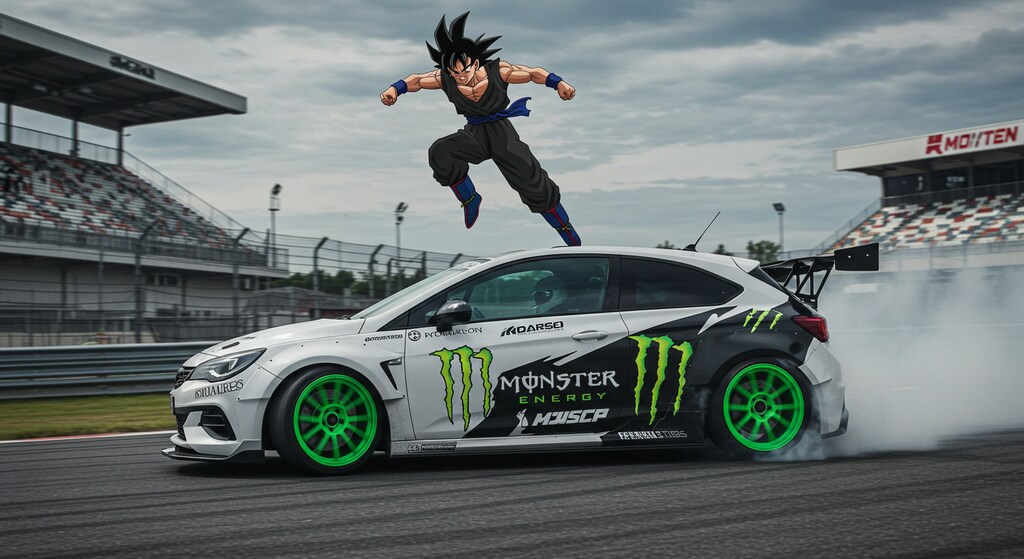 孫悟空とモンスターエナジーオペルアストラのドリ車