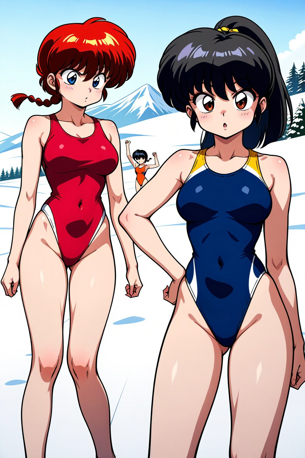 スキー場で競泳水着の親子