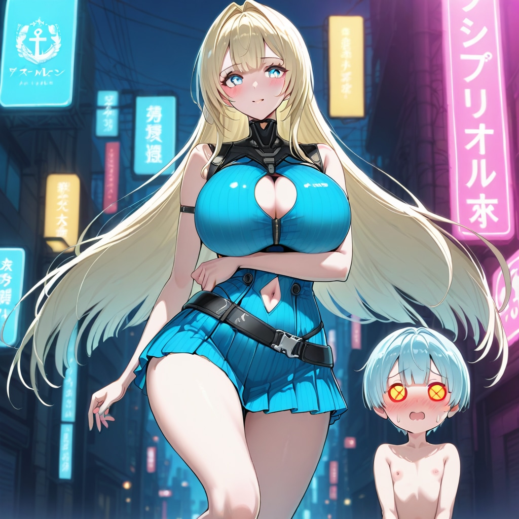chichi-puiはさあ……　右隅の子はこのプロンプトのどっからでてきたんだよ！　背景がサイバーパンクのネオン街のせいでいかがわしいじゃねえか！