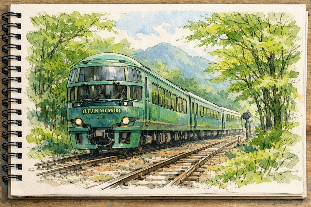 新緑の木々の間を抜けるゆふいんの森号