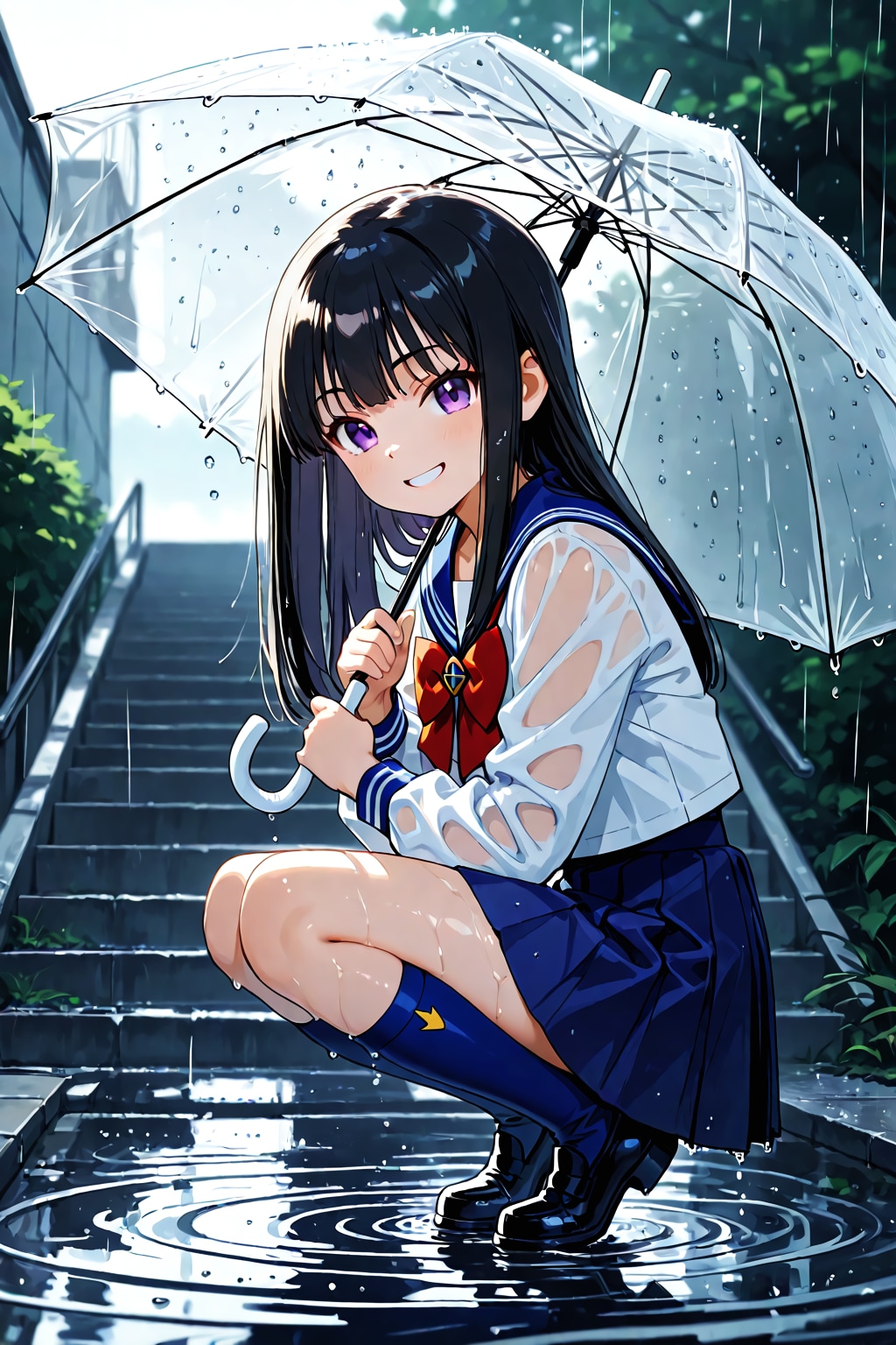 水たまり 映る笑顔も 雨模様 | の人気AIイラスト・グラビア
