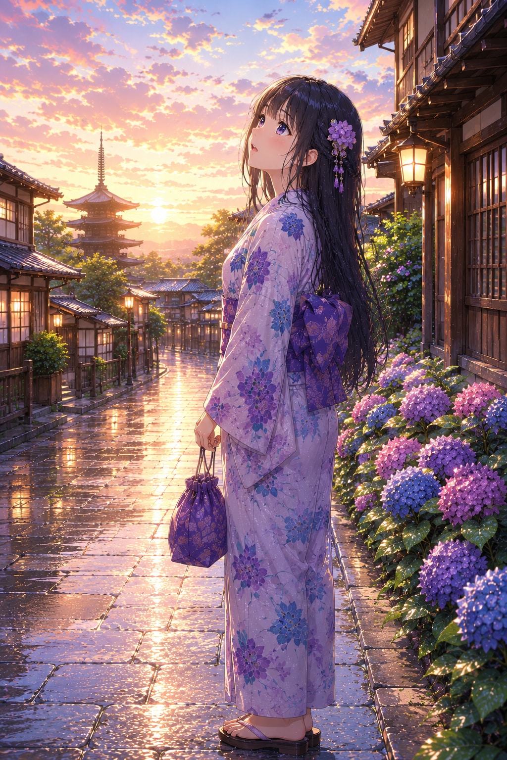 夕暮れの紫陽花と少女