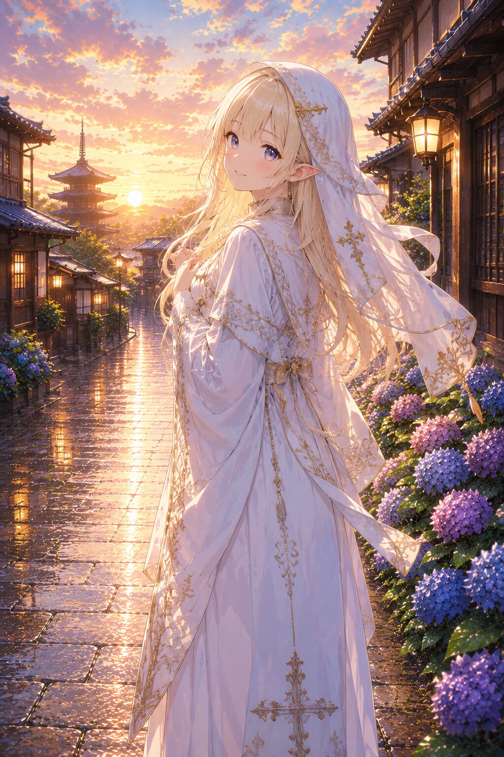 夕暮れの紫陽花と少女