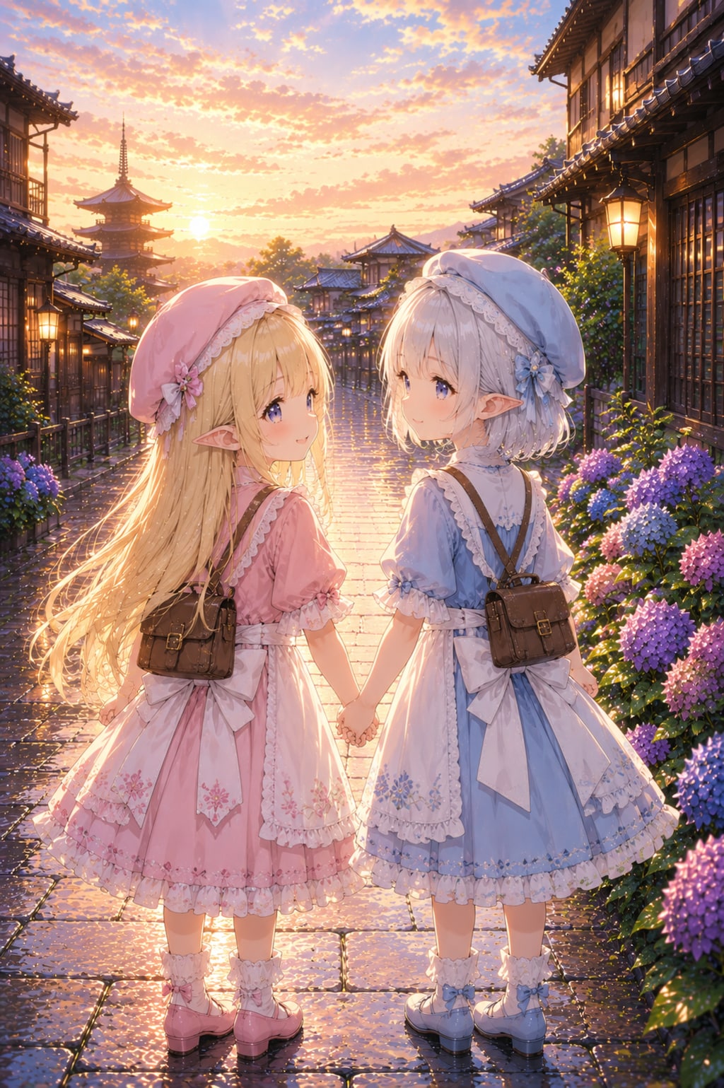 夕暮れの紫陽花と少女