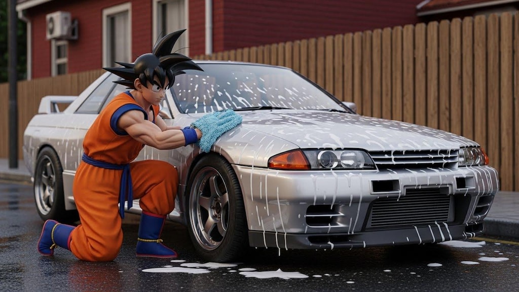 孫悟空がR32GT-Rを洗う