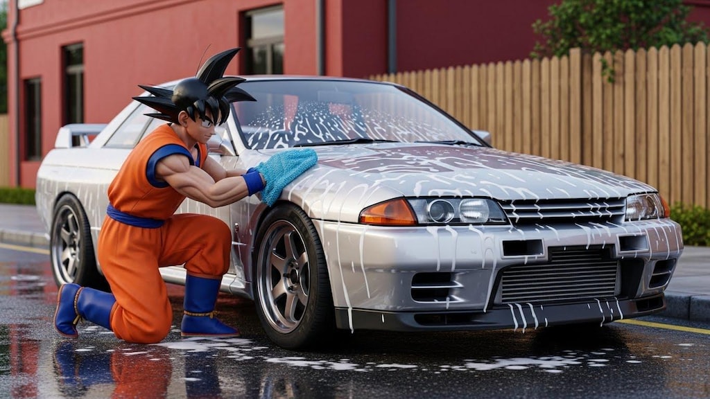 孫悟空がR32GT-Rを洗う