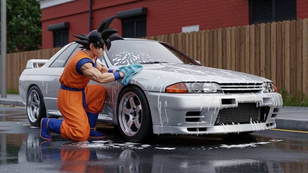 孫悟空がR32GT-Rを洗う