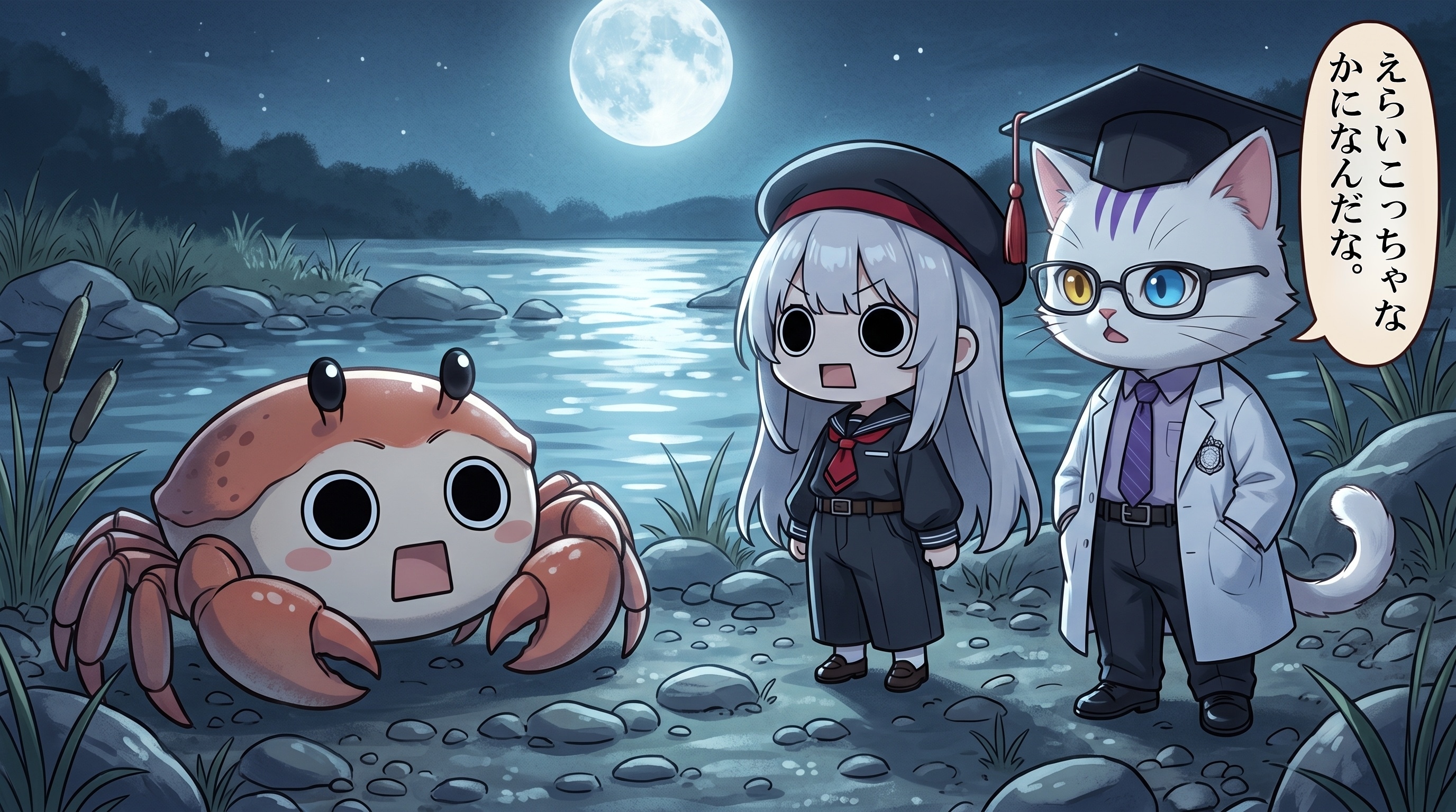 Promptfessorさんと月下の河原でえらいこっちゃ蟹を観察するえらいこっちゃ嬢 | の人気AIイラスト・グラビア