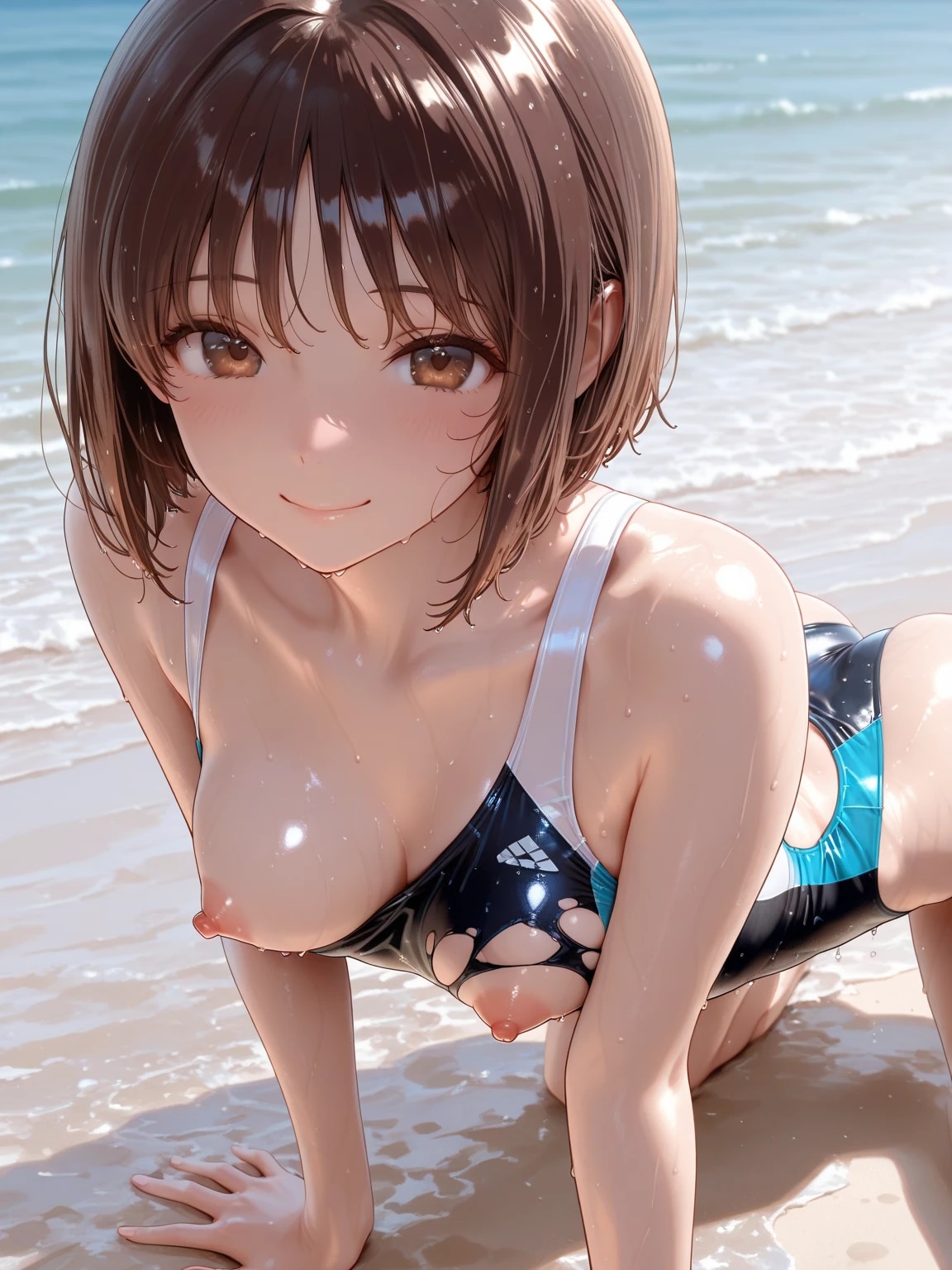 四つん這いと水着破れ
