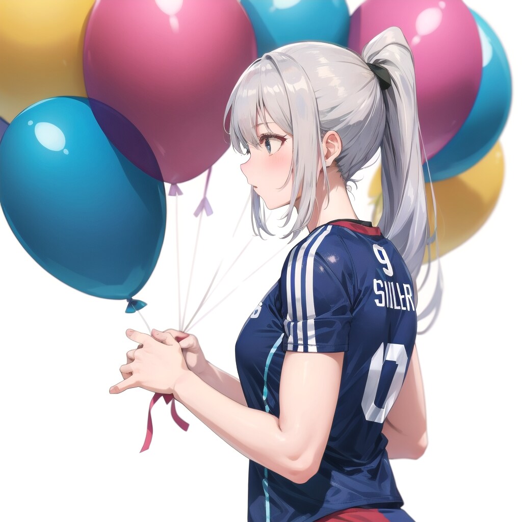 いっぱい色とりどりの風船を持つ銀髪ポニーテールのバレーボール選手の美女 | の人気AIイラスト・グラビア
