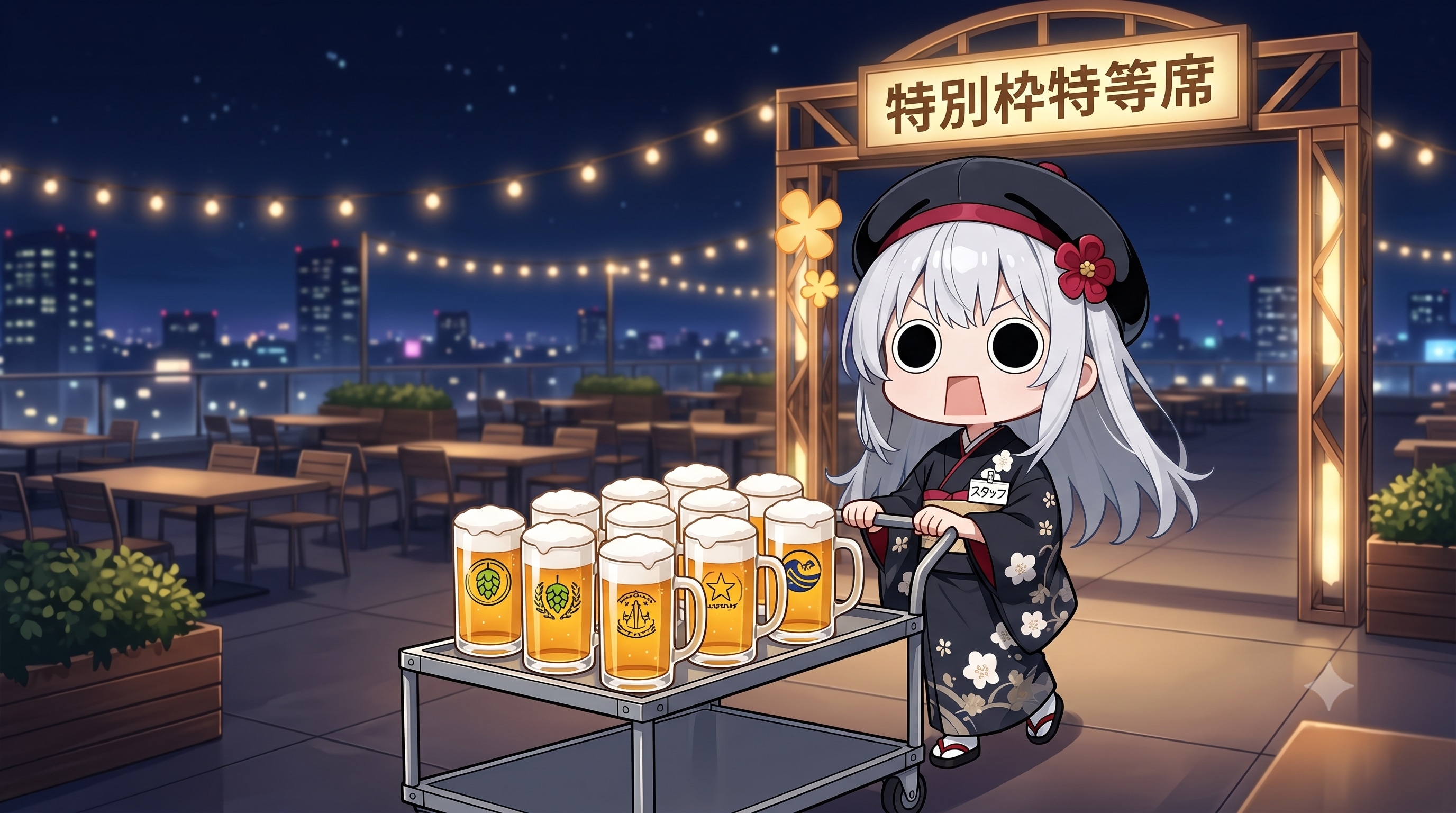 酒豪客へビヤーを運ぶ浴衣えらいこっちゃ嬢