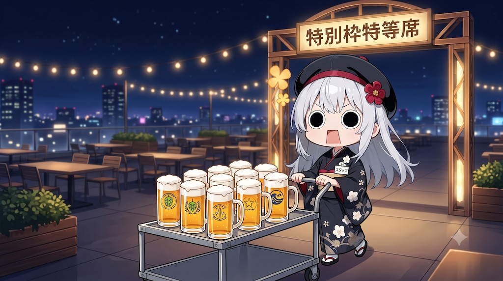 酒豪客へビヤーを運ぶ浴衣えらいこっちゃ嬢