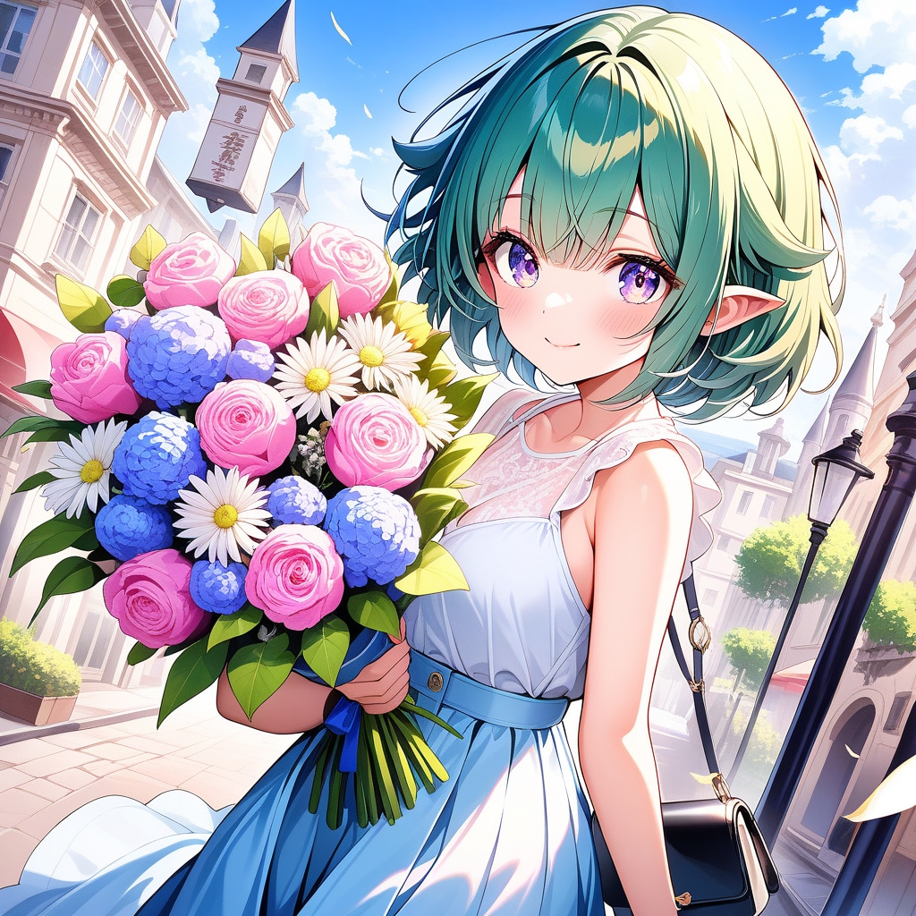 花束とエルフ娘