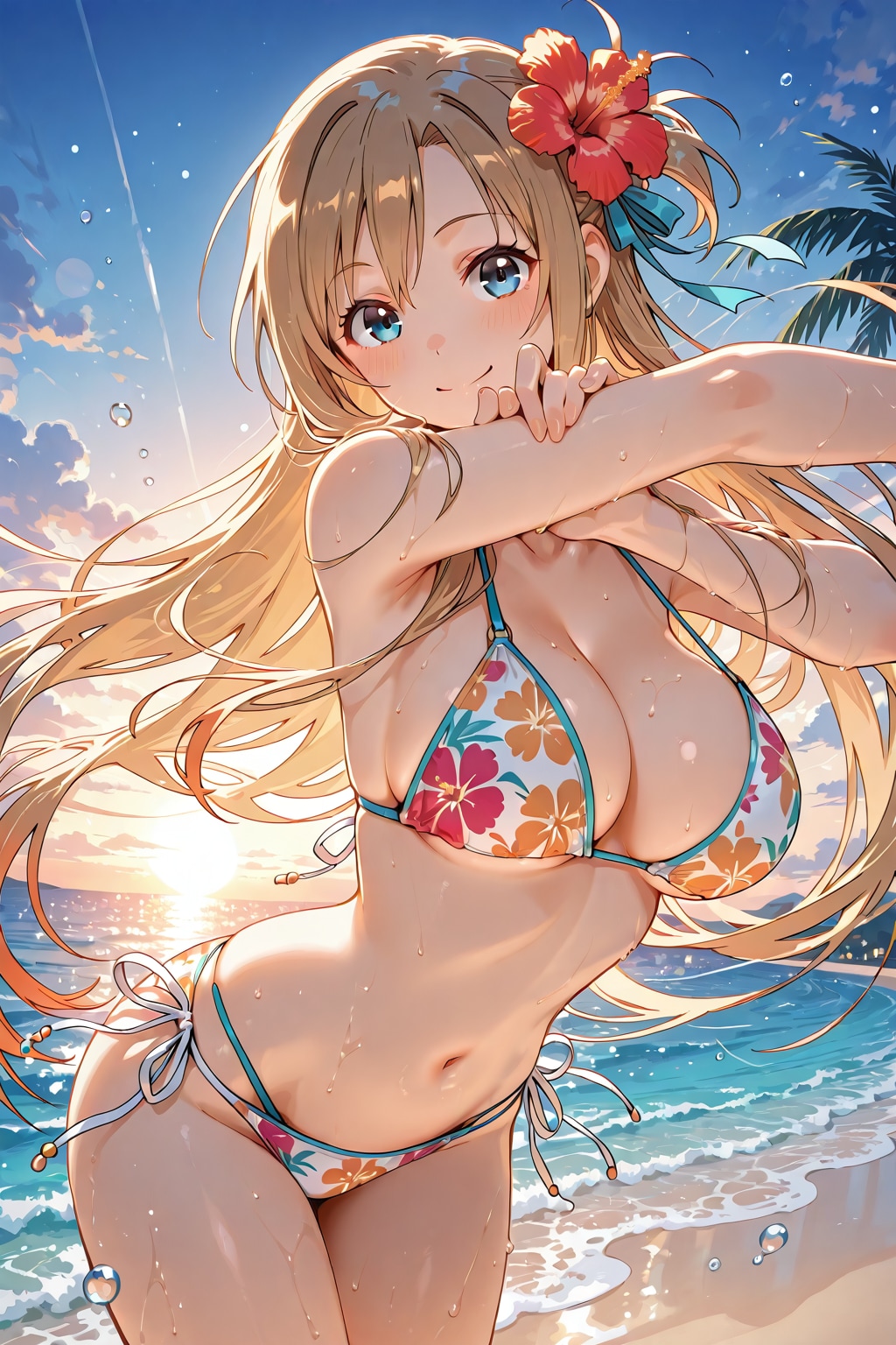 朝日 明るい茶髪美少女 花柄ビキニ 南国