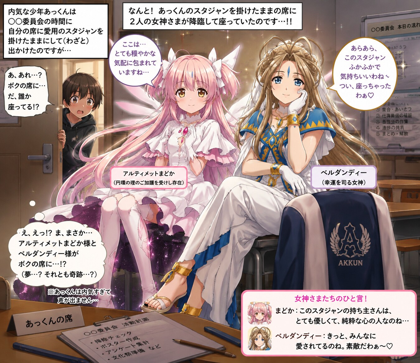 あっくんの席に座るアルティメットまどかとベルダンディー | の人気AIイラスト・グラビア