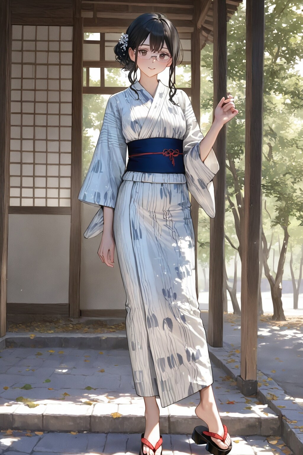浴衣姿の黒髪メガネさん(水彩からphoto realisticに替えたけど大きくは違って見えない)