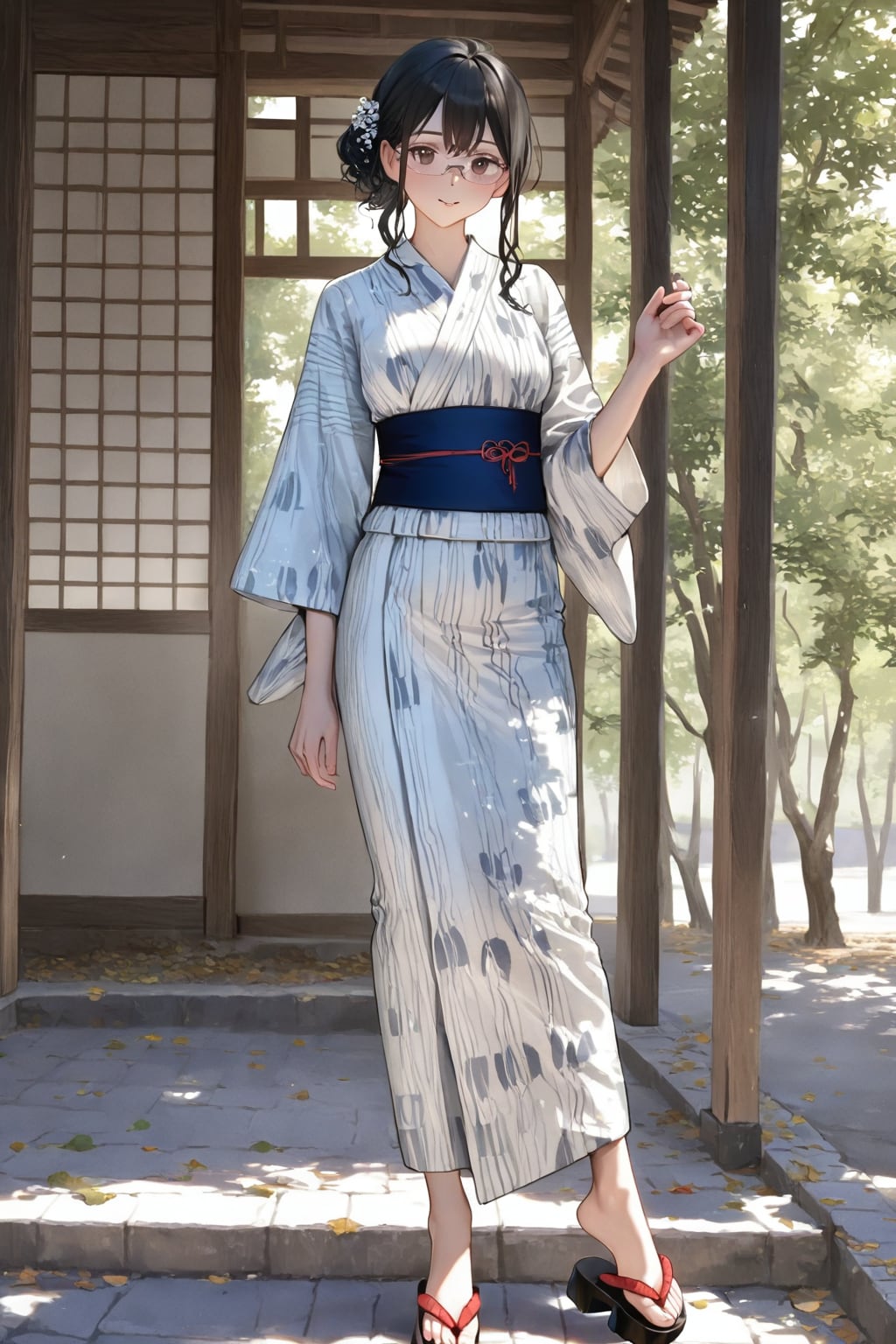 浴衣姿の黒髪メガネさん(水彩からphoto realisticに替えたけど大きくは違って見えない)