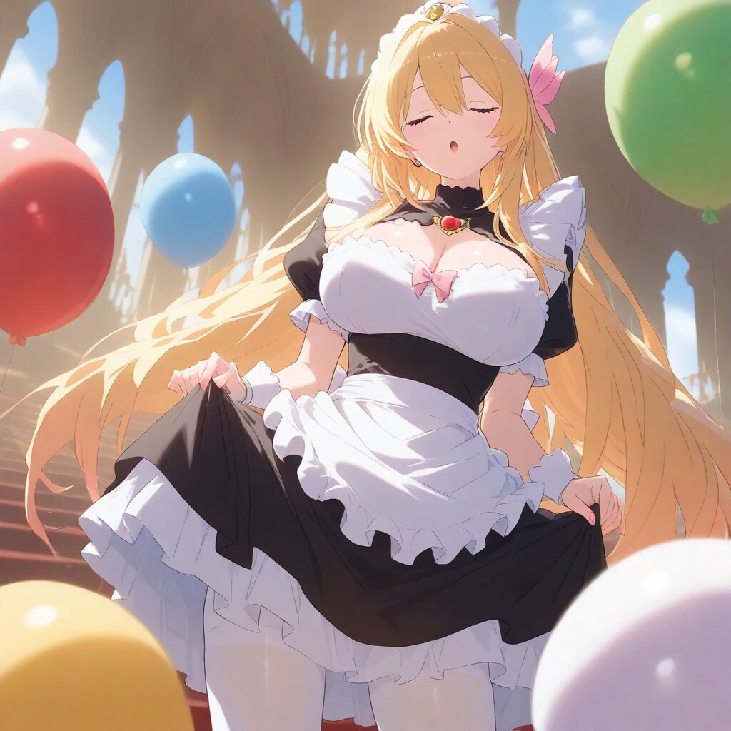 お城の中で風船を膨らませて遊ぶブロンドロングのメイド服の美女 | の人気AIイラスト・グラビア