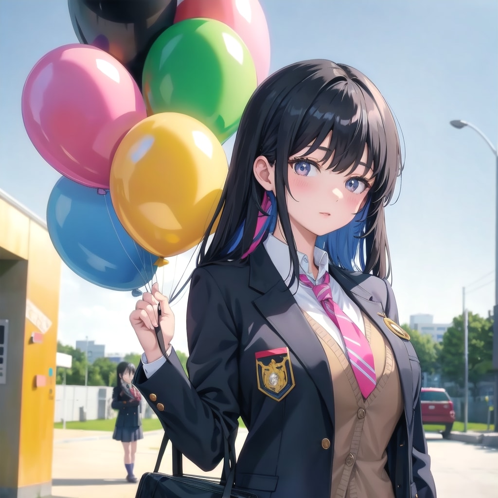 いっぱい色とりどりの風船を持つ黒髪ロングのブレザーの制服着た美少女
