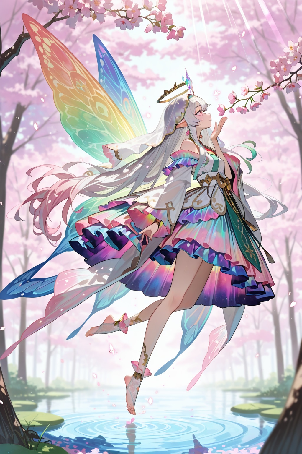 満開で垂れ下がる桜のはなの香りを嗅ぎながら、水面の上に浮く桜の花より生まれし蝶の精霊 | の人気AIイラスト・グラビア