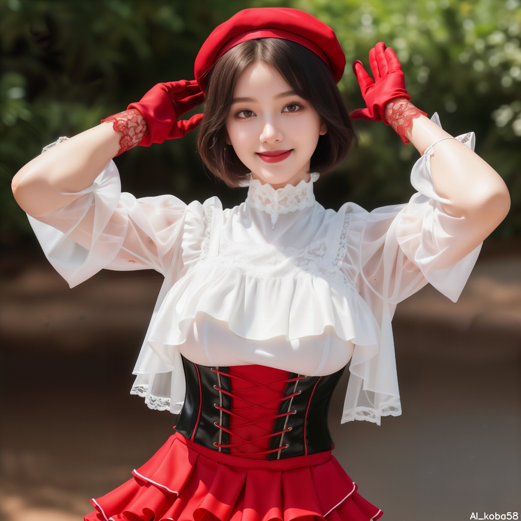 Vol179_ High-neck crimson lace blouse+Corsetwith frills