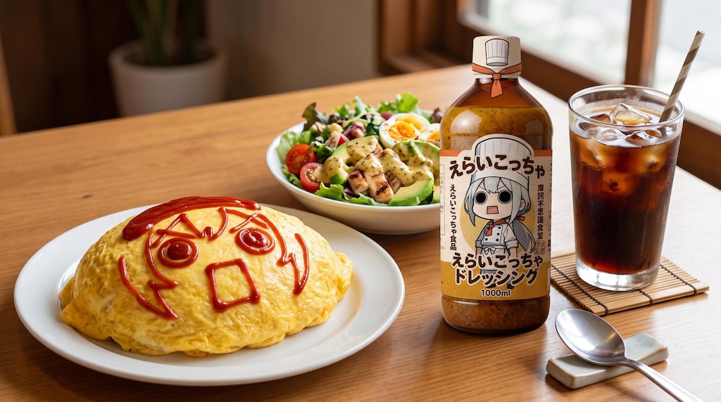 摩訶不思議食堂のオムライスとドレッシング付きサラダ