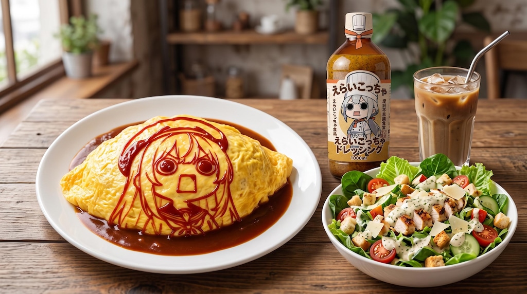 摩訶不思議食堂のオムライスとドレッシング付きサラダ