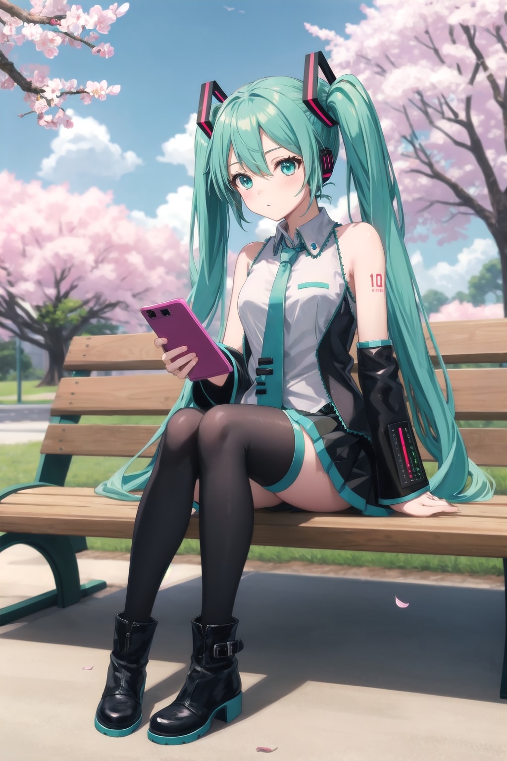 ベンチでスマホを見ている初音ミク