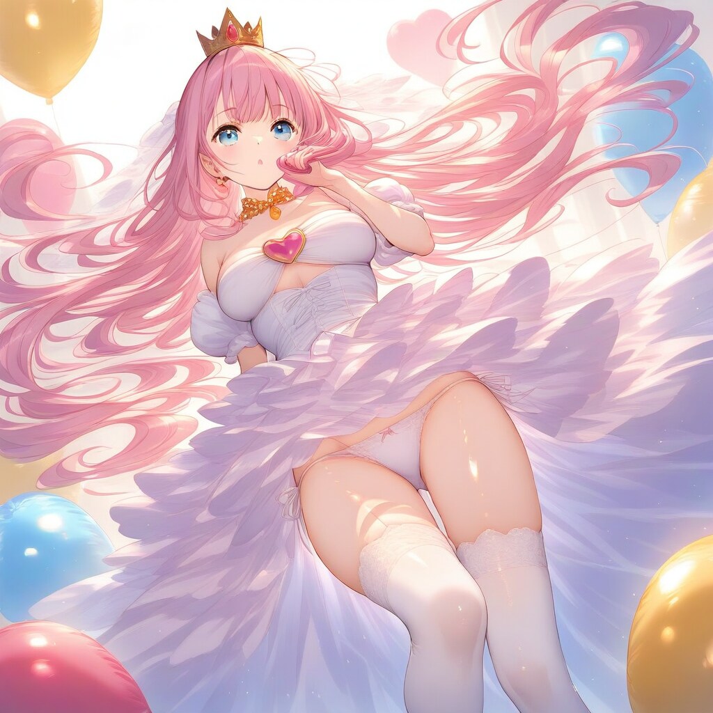 風船をいっぱい膨らませて遊ぶピンク髪のお姫様